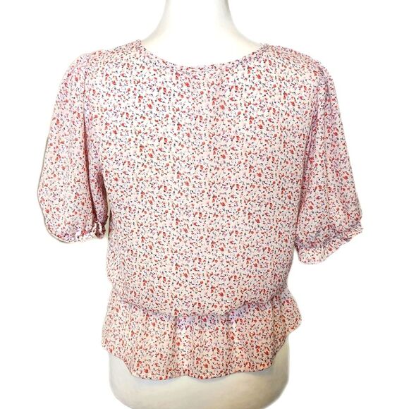 Sienna Sky Puff Sleeve White, Pink, Red Floral Peplum Cropped Blouse, S - Picture 3 of 7